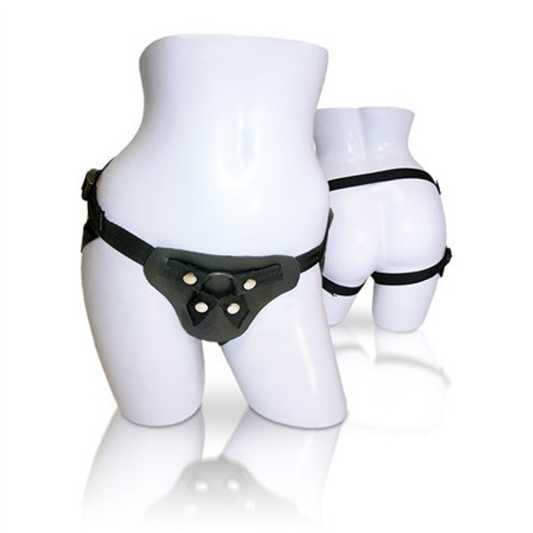 רתמת סטראפ און עם פאנל מעור לטיגו ורצועות ניילון רחבות