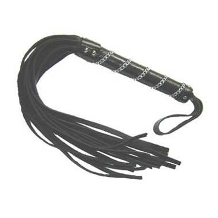 Leather flogger with a black leather-coated plastic handle with 15 tails​