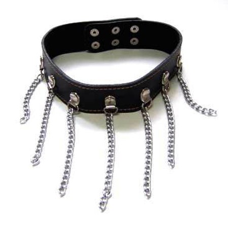 Black narrow leather collar with metal chains for slave/sub