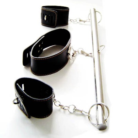 Metal rod for tying the neck and arms, including a collar and leather cuffs, 43 cm long