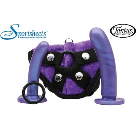 Bend Over Beginner - Vibrating purple strap-on harness with two types of small and medium Tantus silicone dildo​