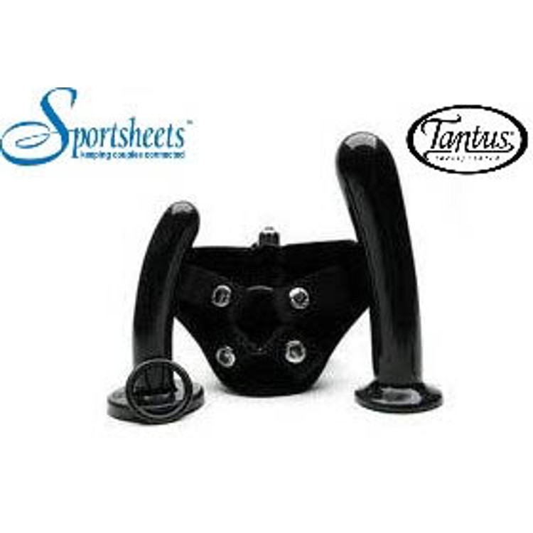 Bend Over Intermediate רתמת סטרפ און שחורה ורוטטת עם שני דילדו סיליקון בינוני וגדול Tantus