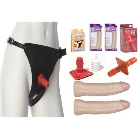 High quality double penetration leather strapon with two plugs and two Doc Johnson dildos