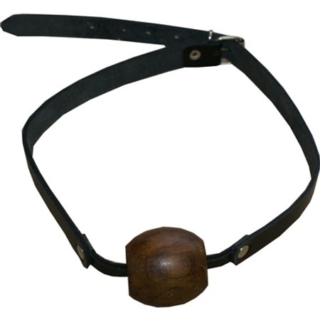 Mouth barrier with leather straps, large wooden gag ball and metal buckle