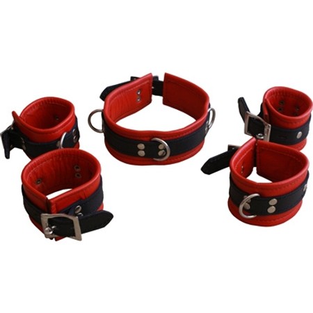 A luxury set of quality leather handcuffs including a collar and four padded hand and ankle-cuffs in red and black​