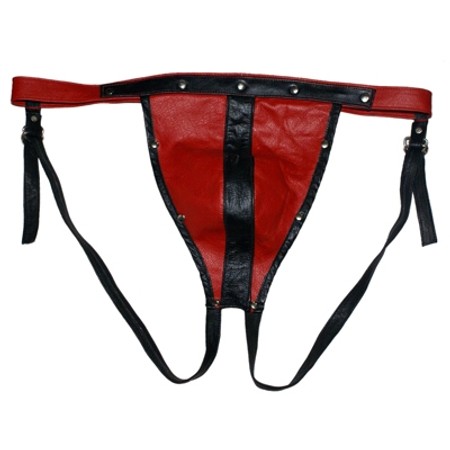 Leather Jock תחתוני עור אדום שחור לגבר עם ישבן חשוף