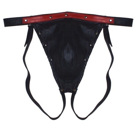 Leather Jock תחתוני עור שחור אדום לגבר עם ישבן חשוף