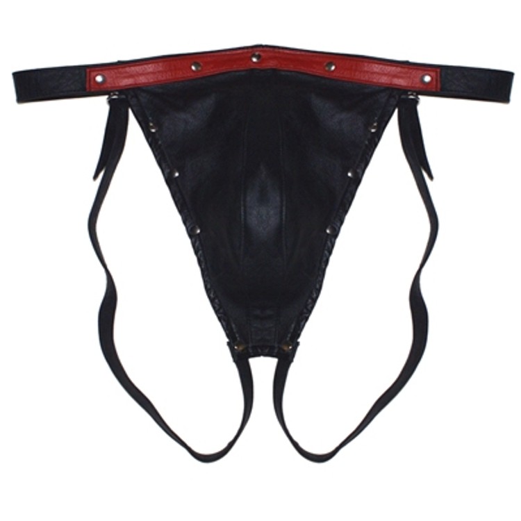 Leather Jock תחתוני עור שחור אדום לגבר עם ישבן חשוף