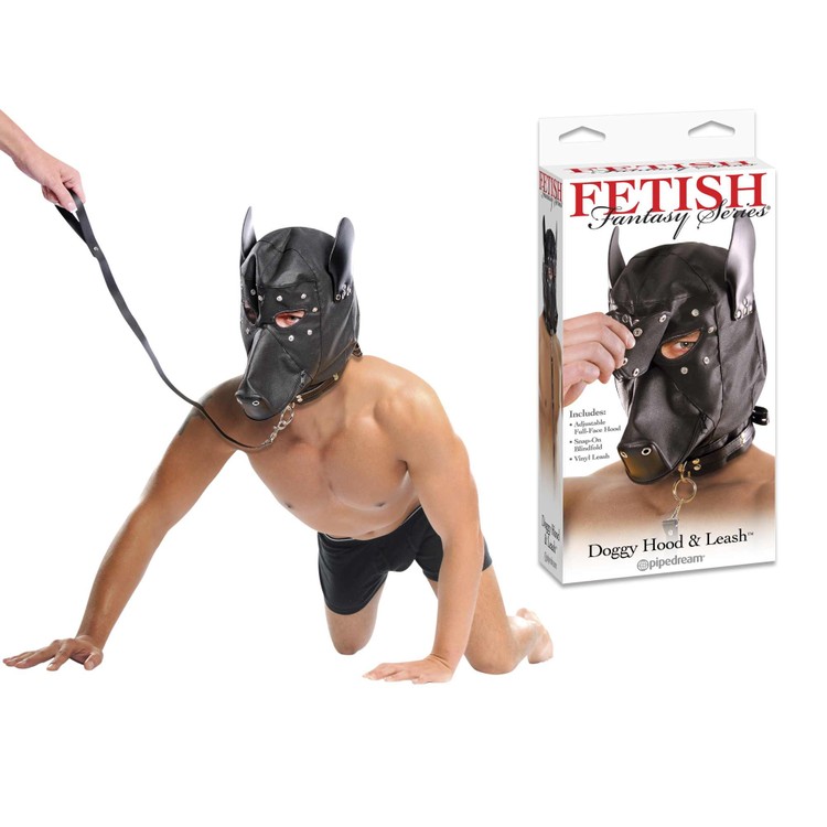 Doggy Hood & Leash מסיכת כלב קינקית דמויית עור עם כיסוי עיניים נפתח Pipedream
