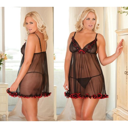 Transparent black babydoll with Rene Rofe red ornaments