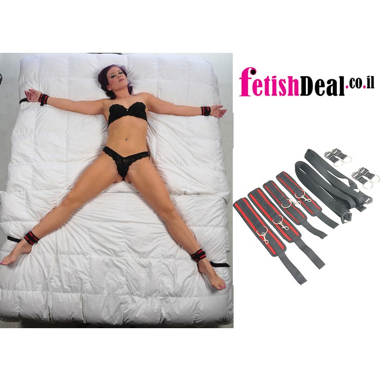 ערכת קשירה למיטה עם אזיקים בצבע אדום-שחור