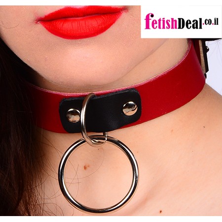 Red leather collar with metal ring for the leash