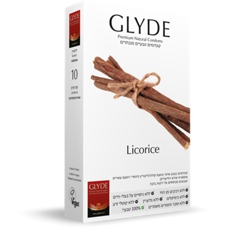 10 קונדומים טבעיים בטעם קולה ליקריץ בצבע שחור רוחב 53 ממ אורך 18 סמ Glyde Licorice Cola