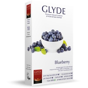 10 קונדומים טבעיים בטעם אוכמניות בצבע כחול רוחב 53 ממ אורך 18 סמ Glyde Blueberry