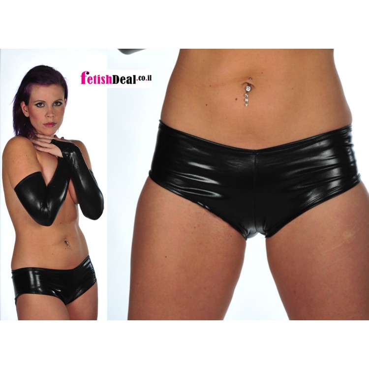 Akela - מכנסונים שחורים קינקיים לאישה מבד לייקרה מבריק - 6 מידות