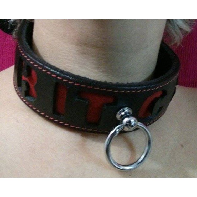 קולר עור שחור עם כיתוב אדום BITCH