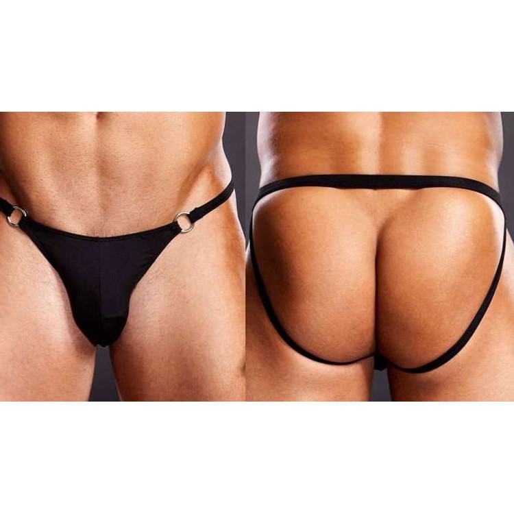 Jockstrap ג'וק סטראפ שחור לגבר עם טבעות מתכת בצד Blue Line