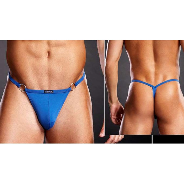 V-String תחתוני חוטיני כחול לגבר עם טבעות מתכת בצד
