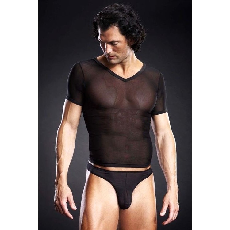 חולצת טי סקסית רשת שחורה שקופה למחצה לגבר