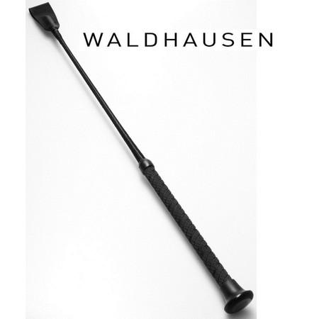 Luxurious riding whip made of black leather with a gray handle, 65 cm long, Waldhausen