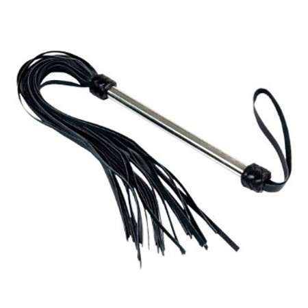 Flogger with 12 tails made of black leather and extra heavy metal handle​