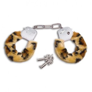 Metal handcuffs with fur and Lux Fetish safety button