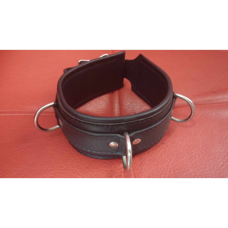 קולר מקצועי עבה מעור שחור איכותי עם 3 לולאות מתכת