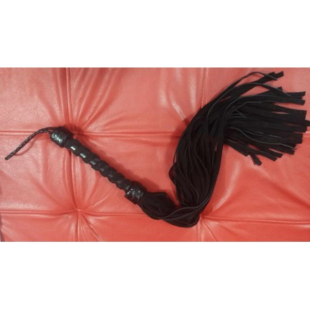 Black suede flogger with a designed handle and 36 tails 86 cm long