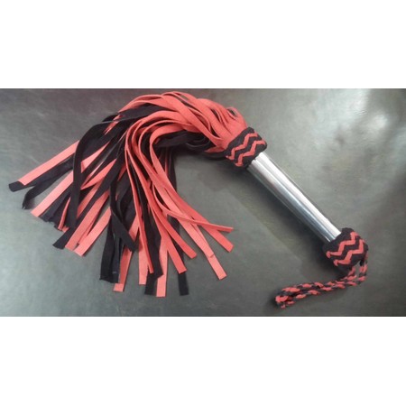 Black and red suede flogger with metal handle 36 tails 60 cm long