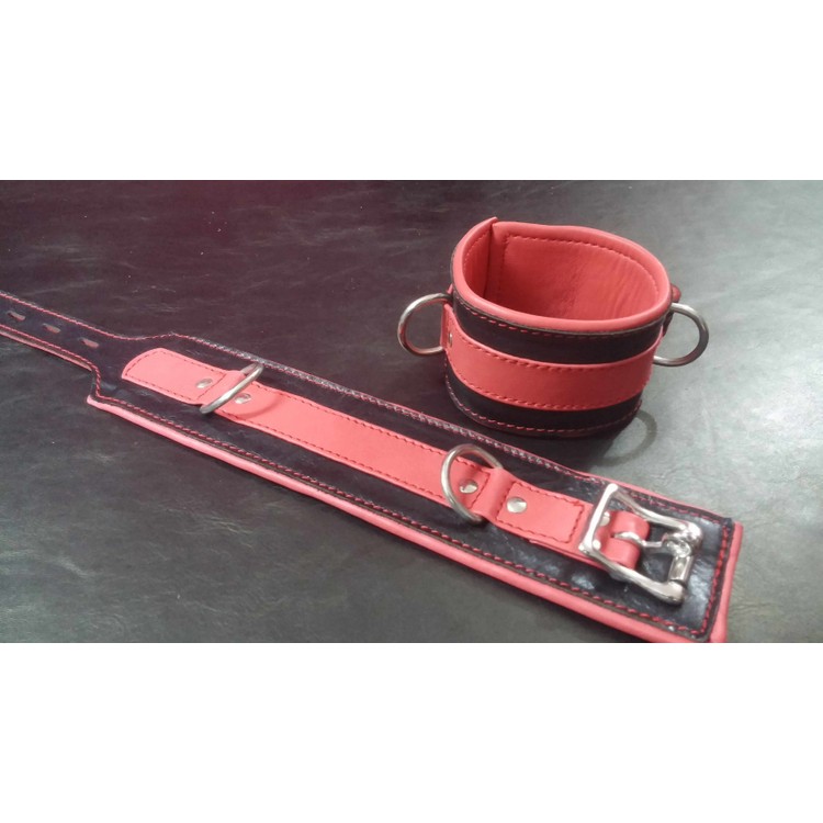 זוג אזיקי רגליים איכותיים רחבים מעור אדום שחור עם לולאות מתכת כסופות