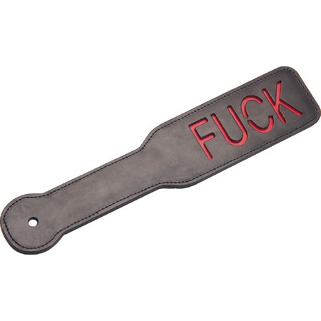 Spanker made of black leather with the word FUCK inscripted in red​