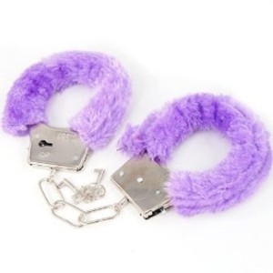 Love Cuffs playful metal handcuffs with NMC purple fur