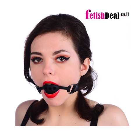 Black silicone gag with breathing holes and PVC straps