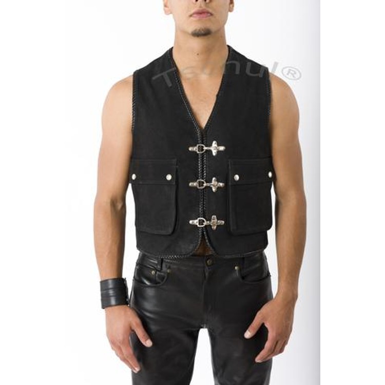 ווסט עור זמש שחור נסגר בעזרת אבזמים עם כיסים