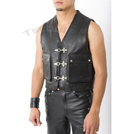 Black premium leather vest closes with buckles​