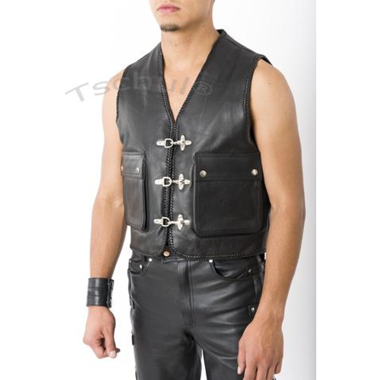 Black premium leather vest closes with buckles​
