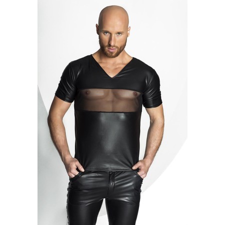 A black men's shirt with a wet net look on the chest​