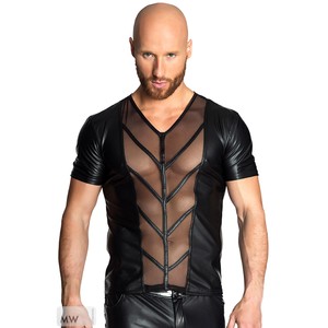 Black shirt for a man with a wet look with a front net