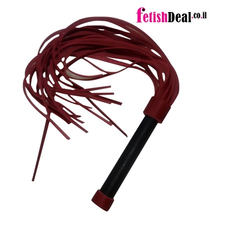 A quality red flogger with a black handle made of handmade leather​