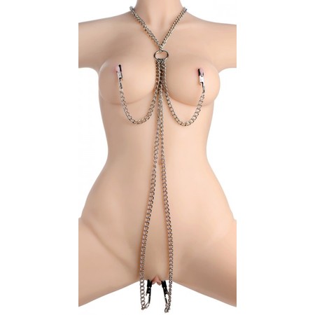 Collar with nipple and genital clamps​ and chains