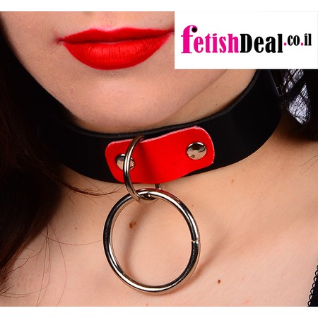 Black and red vegan PVC collar with a dangling ring for a leash​​​​​