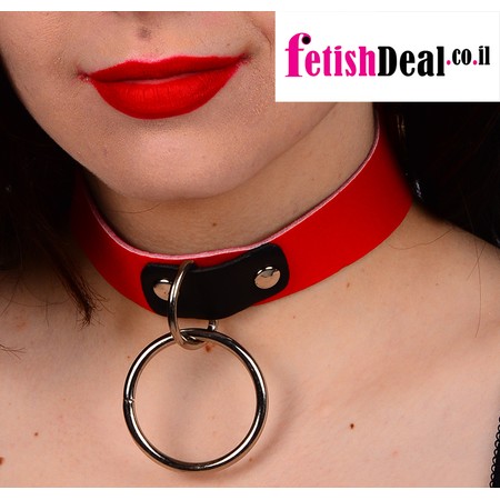 Red PVC collar with a dangling ring for a leash​​​