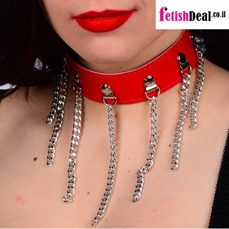 Red Faux-Leather Collar with Chain Decorations