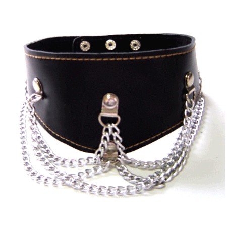 Black faux-leather collar with metal chains for a slave/sub