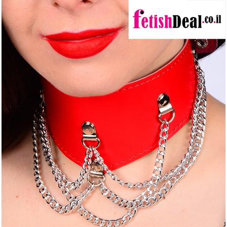 Red faux-leather collar with metal chains for a slave/sub