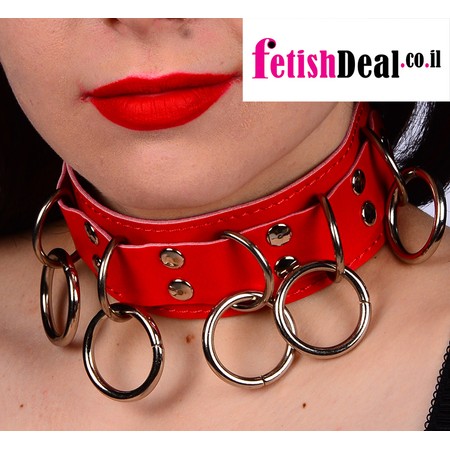 Red Faux-​leather collar with 5 metal circles for female or male slave