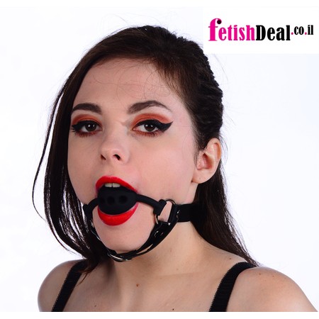 Black gag ball with real leather straps for neck and chin