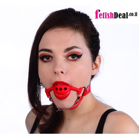 Red leather​ ​mouth barrier with chin strap and red silicone gag ​