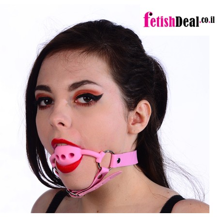​Pink silicone gag with chin strap made of pink faux leather​​