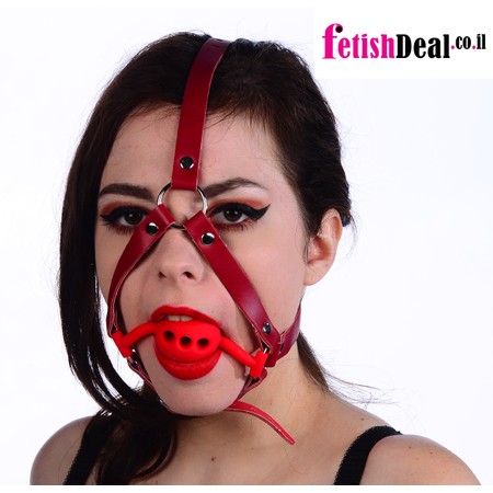 Mouth and chin head harness with red leather collar and red silicone gag